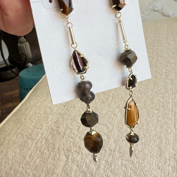 KENDRA SCOTT NWT Cosette Tiger Eye Pyrite Asymmetrical Mismatch Dangle Earrings - Picture 12 of 17